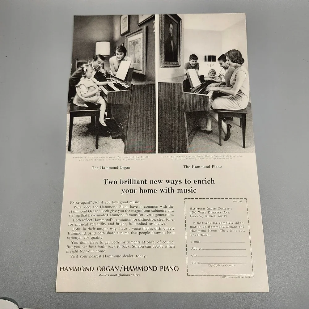 Hammond Organ Piano Magazine Ad 1965 Mid-Century Modern Music